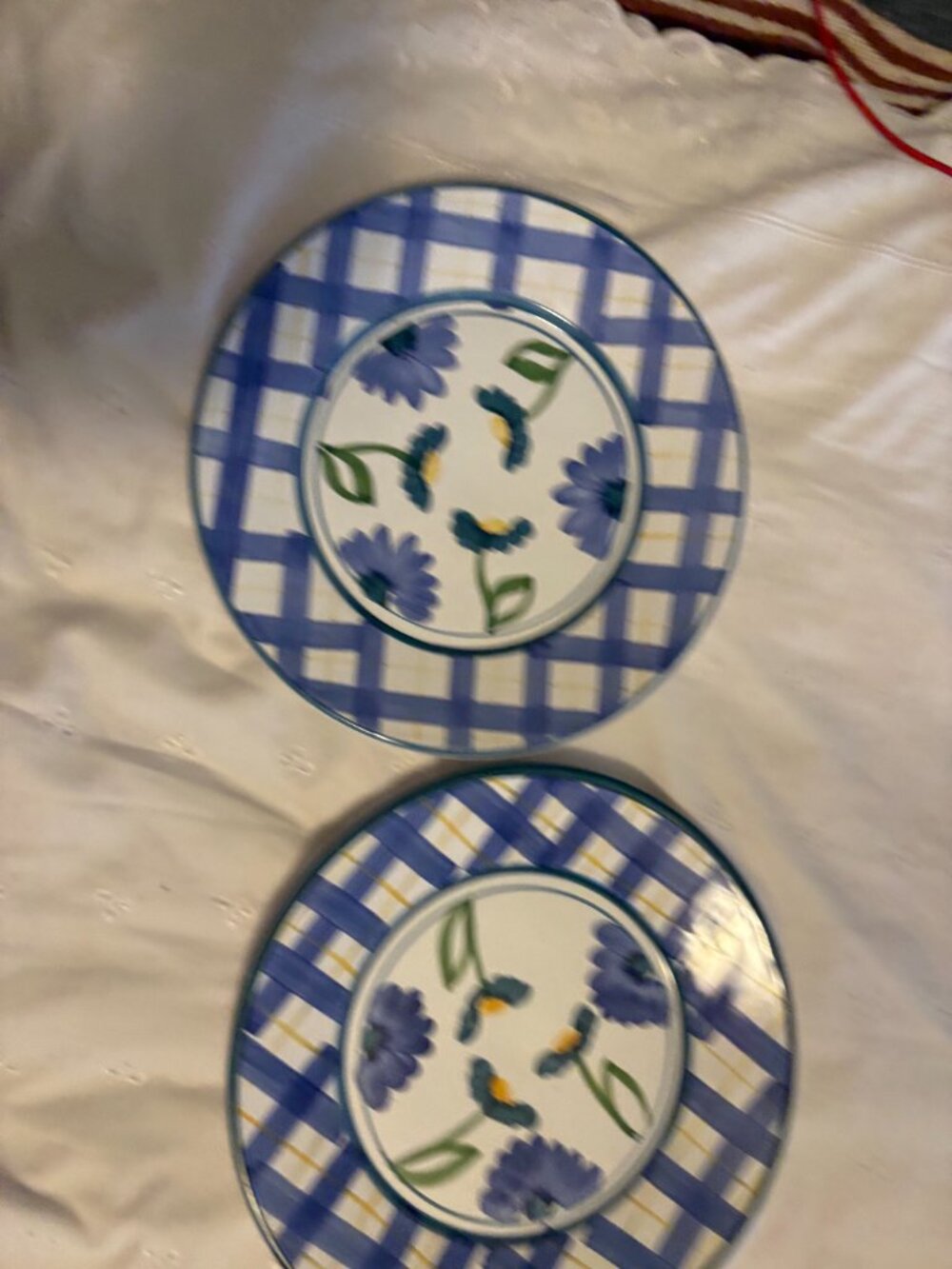 Vintage Set 2 Caleca Arioso Dinner Plates 11" Blue Gingham Floral Italy Sicily